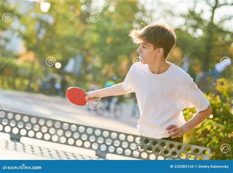 Boy Playing Table Tennis Ping Pong Outdoors Stock Photo Image Of