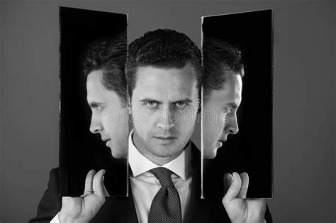 Man With Three Faces In Two Mirrors Stock Image Image Of Business