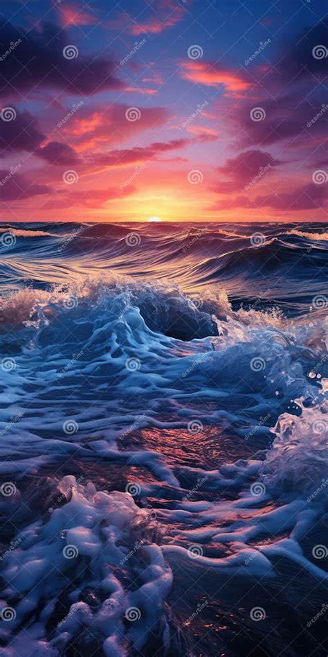 Violet Ocean Pink Sunset Reflected In The Sea Waves Stock Illustration