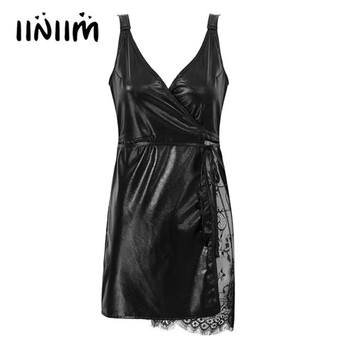 womens lingerie clubwear v neck wide shoulder straps patent leather dress see through lace