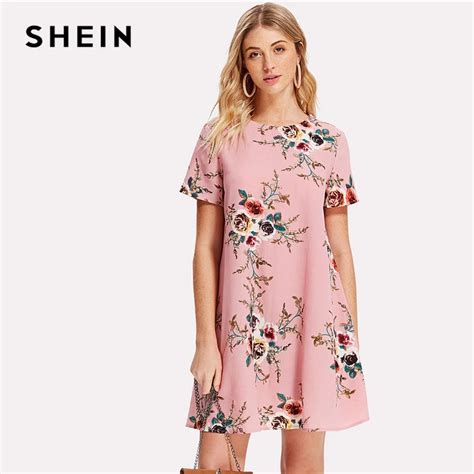 Shein Flower Print Swing Dress Women Pink Round Neck Short Sleeve