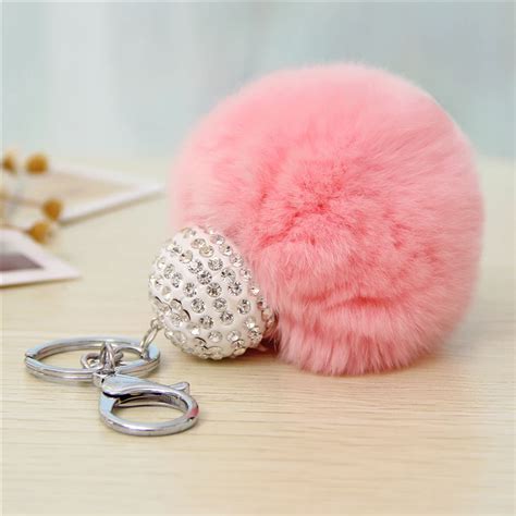 Cm Rex Rabbit Fur Ball Keychains Silver Fur Pompom Key Chain Llaveros Fluffy Keychain Keyring