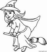 Witch Coloring Pages Broom Flying Pretty sketch template