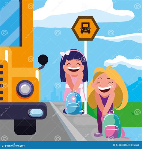 Happy Little School Girls In The Bus Stop Stock Illustration Illustration Of Vehicle Place