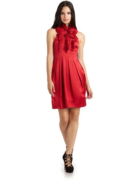 Lyst Bcbgmaxazria Silk Satin Ruffle Halter Dress In Red
