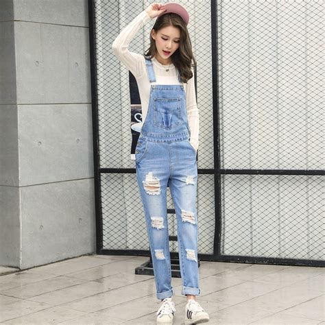 2018 Autumn Women Denim Overalls Cool Jumpsuits Ripped Holes Casual