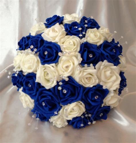 Artificial Flowers Royal Blue Ivory Foam Rose Bride Crystal Wedding