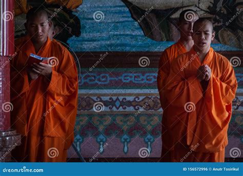Chinese Monks Praying For Buddhism Worship Inside Wat Bhoman Khunaram Bhoman Khunaram Temple