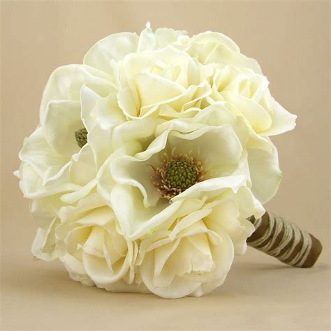 Rustic Bridal Bouquet Real Touch Roses Magnolias White Cream Ivory
