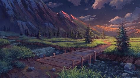 Download 3840x2160 Anime Landscape Mountains Scenic Clouds Stars