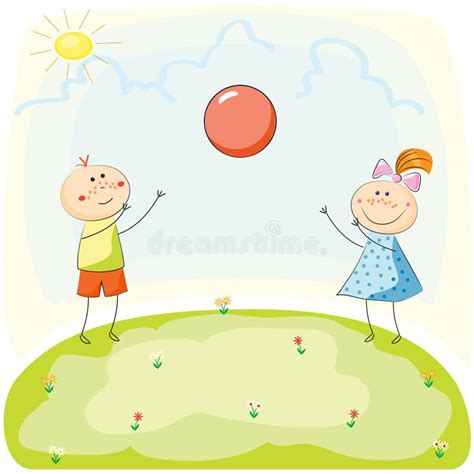Children Playing With A Ball On The Hill Hand Drawn Vector