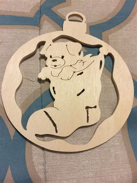 Scroll Sawn Handcrafted Round Wooden Stocking With Puppy Scroll Saw