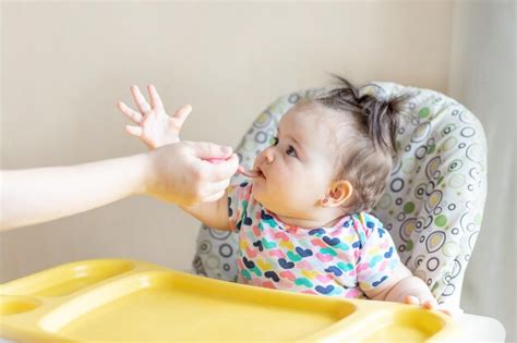 Bebé Come Puré De Papas Mamá Alimenta Al Bebé Con Una Cuchara Concepto