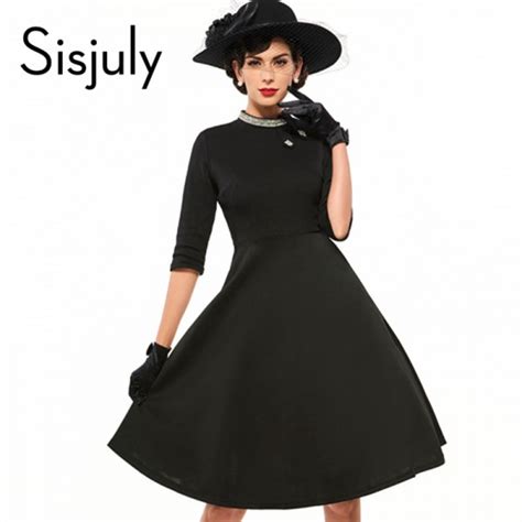 sisjuly vintage dress women solid black party dresses 2017 spring summer 1950s style diamonds