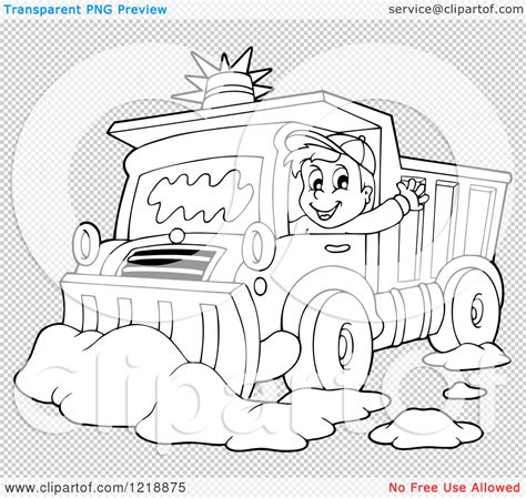 Clipart Of An Outlined Happy Snow Plough Driver Waving Royalty Free