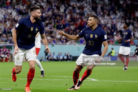 Oliver Giroud Of France Celebrates 1 0 With Kylian Mbappe Of France