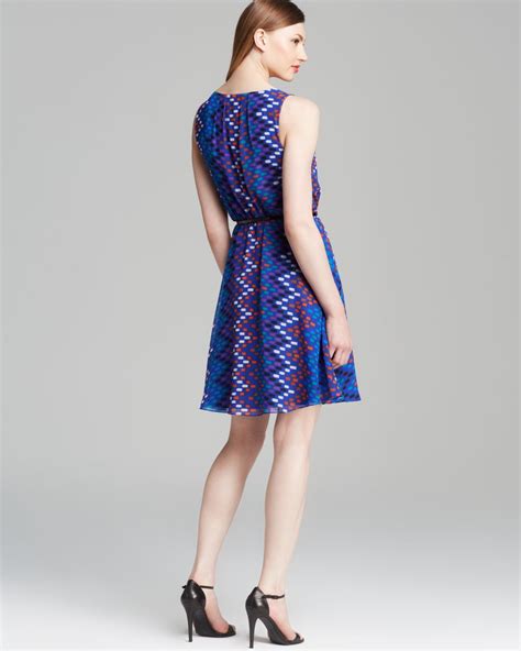 Calvin Klein Dress Sleeveless Belted Chiffon Print In Blue Lyst
