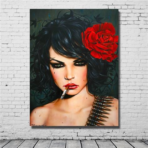 Wholesale Handpainted Oil Painting On Canvas Smoking Red Lip Nude Girl