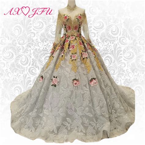 Buy Axjfu Luxury Princess Grey Lace Beading Embroidery Flower Wedding Dress