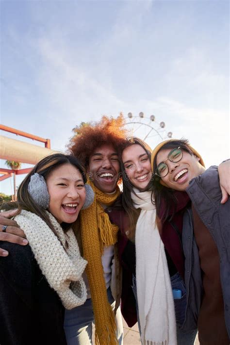 Vertical Photo Of Four Happy Friends Taking Smiling Selfie Looking