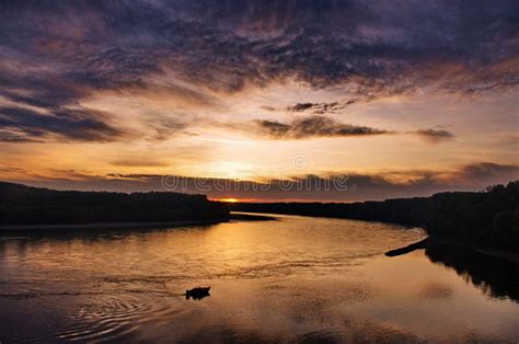 Beautiful Sunset Panorama Over The River Colorful Twilight Sky Sunset