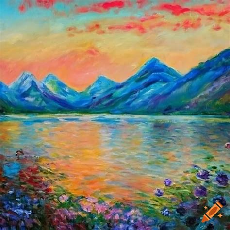 Monet Style Landscape Painting Of Mountains Flowers And Lake