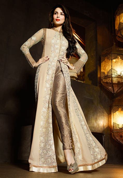 Embroidered Abaya Style Front Slit Georgette Suit In Beige Kch6