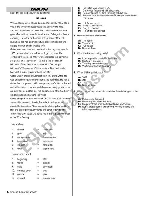 Bill Gates Reading And Comprehension Esl Worksheet By Ritanilo