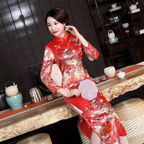 buy print floral satin chinese women wedding party dress elegant split slim