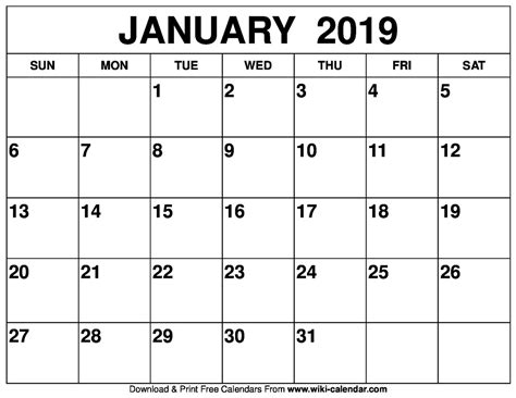 Download Printable January 2019 Calendars Riset