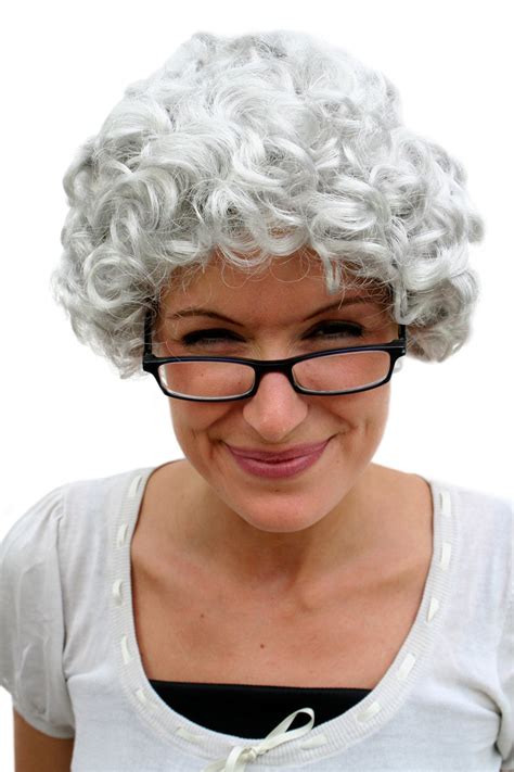 party fancy dress halloween lady wig grey curl granny old spinster woman dame grandmother