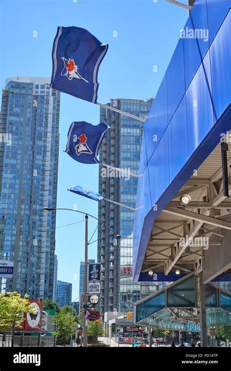 Toronto Canadá 15 De Julio De 2018 Blue Jays Banderas Con Logo En