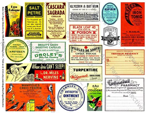 Apothecary Labels Printed Sheet Druggist Pill Bottle Antique