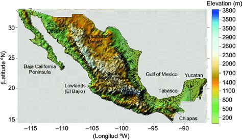 Elevation Map Of Mexico Including Its Main Topography Features The
