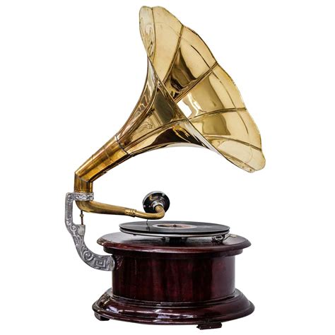 Antique style gramophone complete with horn round decorative wooden ...