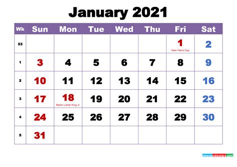 • printable monthly calendar 2021 with 12 month calendar 2021 on 12 pages (one month per page), including federal holidays and week starts on sunday. January 2021 Printable Calendar with Holidays Word, PDF