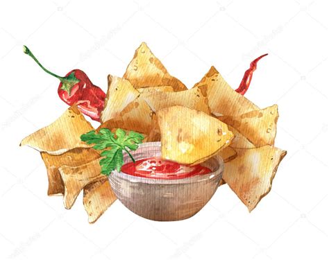 Watercolor Nachos And Salsa Sauce Mexican Traditional Food Stock