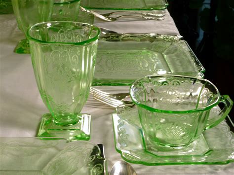 Lorain Depression Glass Beautiful Basket Pattern In Green And Yellow From Indiana