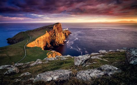 An aerial cableway is used to take supplies to the lighthouse and cottages. Scotland, Neist point, Skye island, lighthouse, sunset, sea wallpaper | Travel and World ...