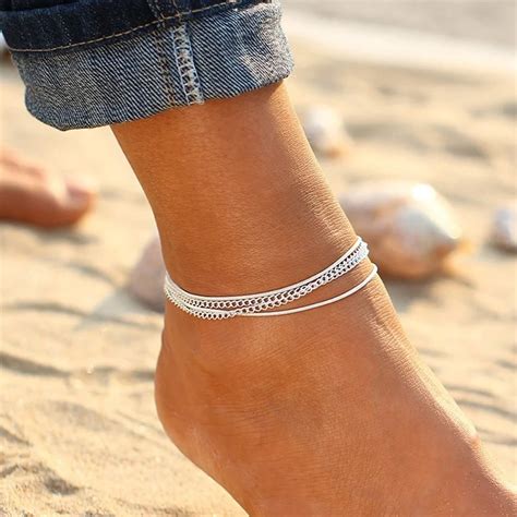 bohemian multi layer silver chain anklets bracelets summer beach women turquoises beaded sandal