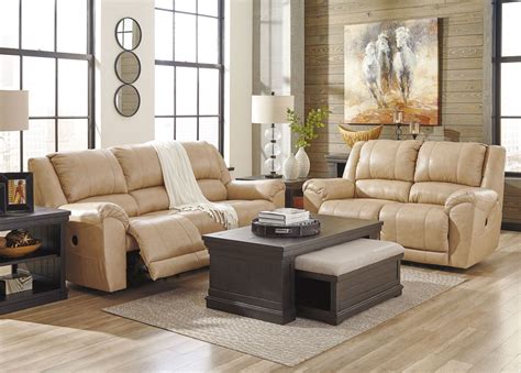 Planet Real Beige Leather Motion Reclining Sofa Couch Set Living Room