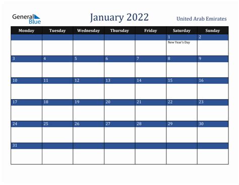 January 2022 United Arab Emirates Monthly Calendar With Holidays