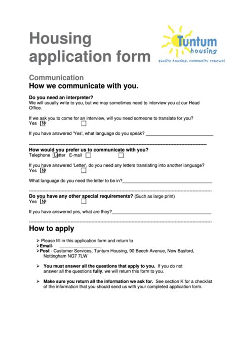 Housing Application Form Printable Pdf Download