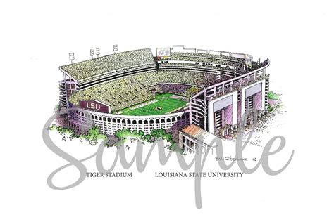 Louisiana State University Stadium Art Watercolor Painting Print Tiger