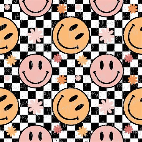 Retro Smiley Face Seamless Pattern Seamless Checkered Etsy