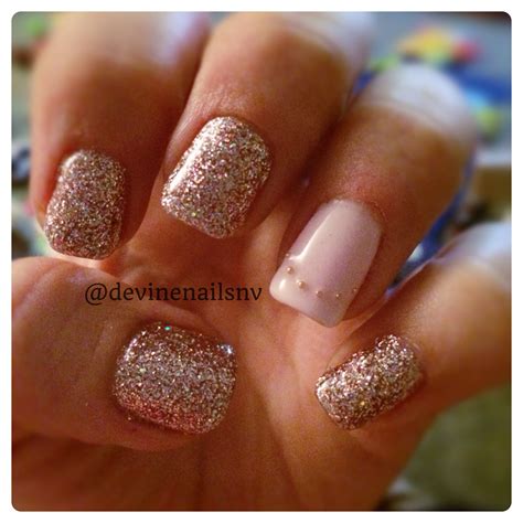 Champagne Glitter And Nude Pink Accent Nail With Gold Bead Caviar
