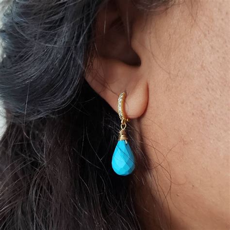 Turquoise Huggie Hoop Earrings Dangle Gemstone Teardrop Etsy