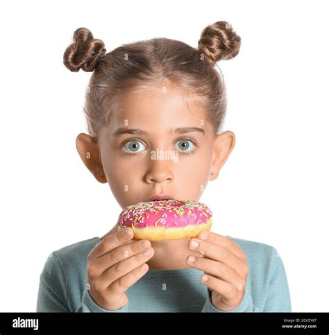 Surprised Little Girl With Donut On White Background Stock Photo Alamy