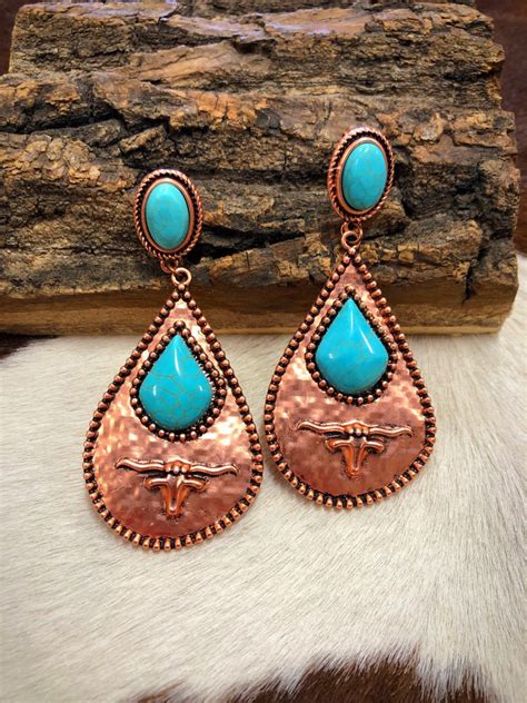 Hammered Longhorn Teardrop Earrings Turquoise Copper Ale