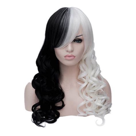 cruella deville side bangs half white and black 65cm wavy long synthetic cosplay wig hair wig